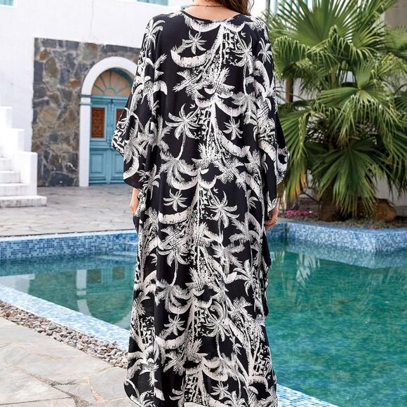Plus Size Viscose Kaftan Dress Beach Cover Up V-Neck Batwing Sleeves - Picture 3 of 7